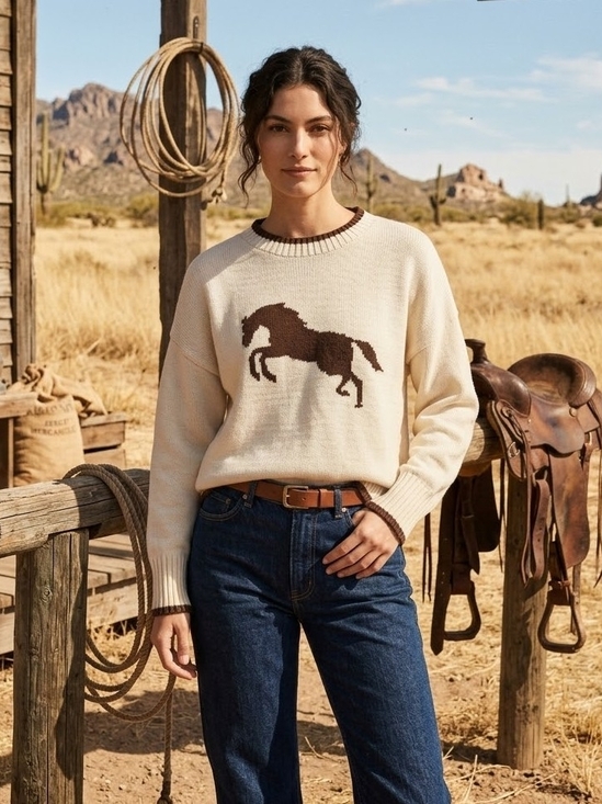 soho & stella Sweaters - Soho & Stella Cream Crewneck Sweater with Brown Horse Motif